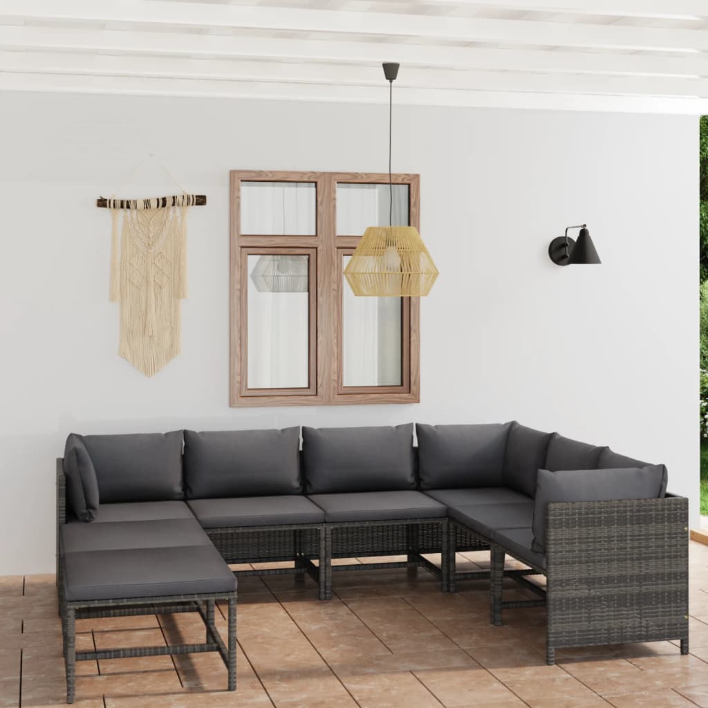 Set Divani da Giardino 8 pz con Cuscini in Polyrattan Grigio - homemem39