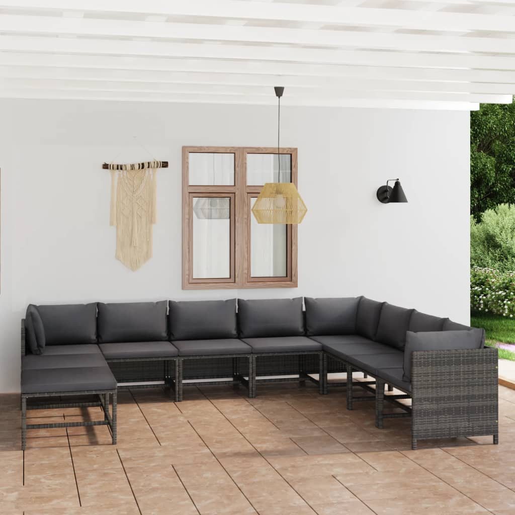 Set Divani da Giardino 11 pz con Cuscini in Polyrattan Grigio - homemem39