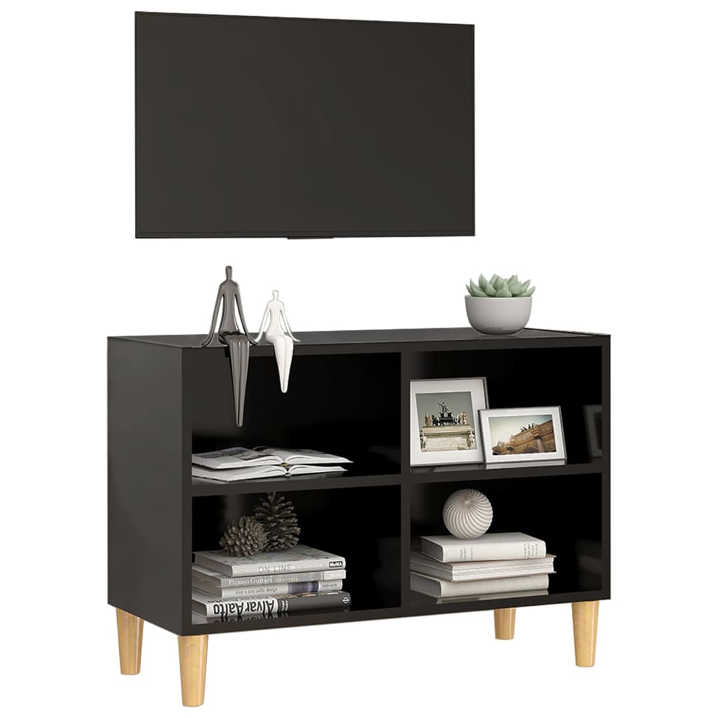 Mobile TV con Gambe in Legno Massello Nero 69,5x30x50 cm - homemem39