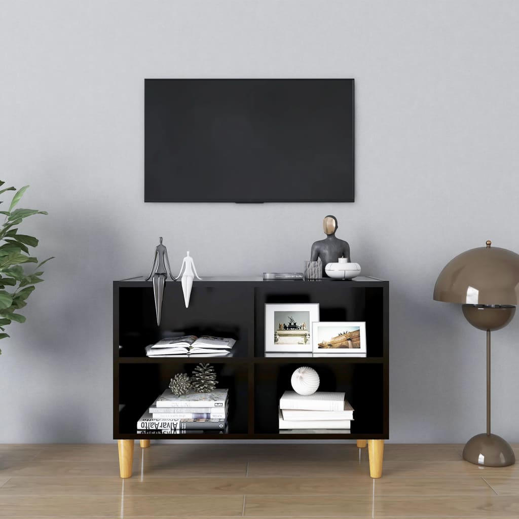 Mobile TV con Gambe in Legno Massello Nero 69,5x30x50 cm - homemem39