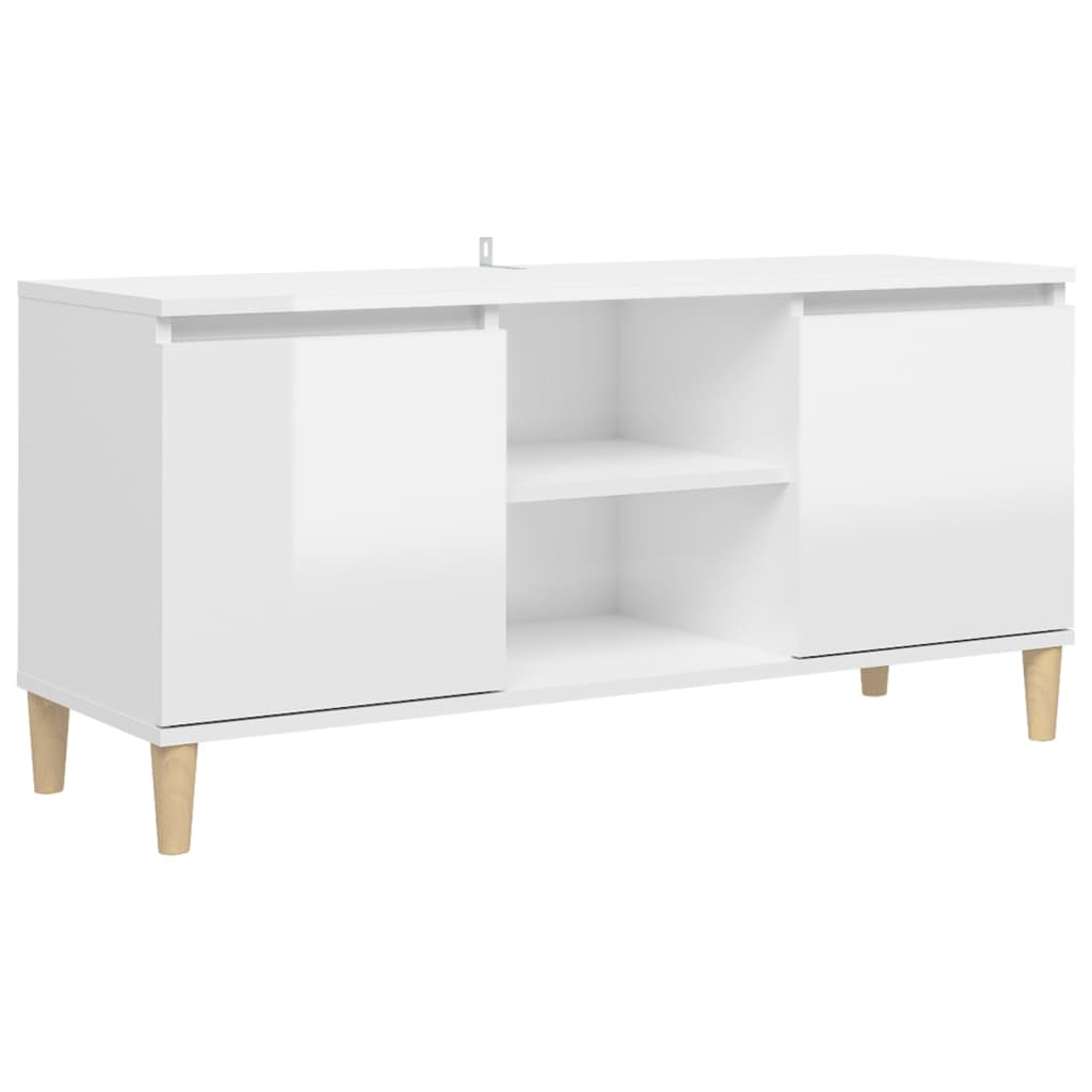 Mobile TV con Gambe Legno Massello Bianco Lucido 103,5x35x50 cm - homemem39