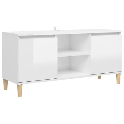 Mobile TV con Gambe Legno Massello Bianco Lucido 103,5x35x50 cm - homemem39