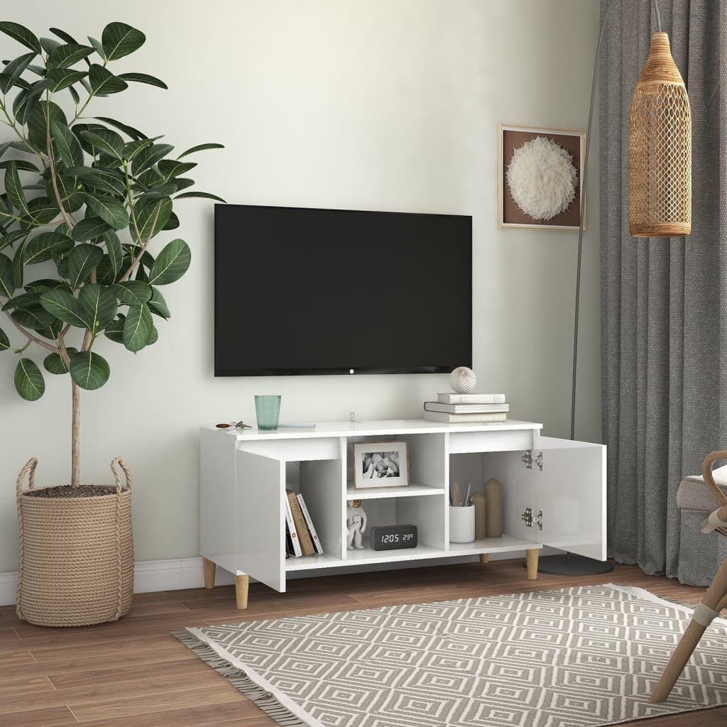 Mobile TV con Gambe Legno Massello Bianco Lucido 103,5x35x50 cm - homemem39