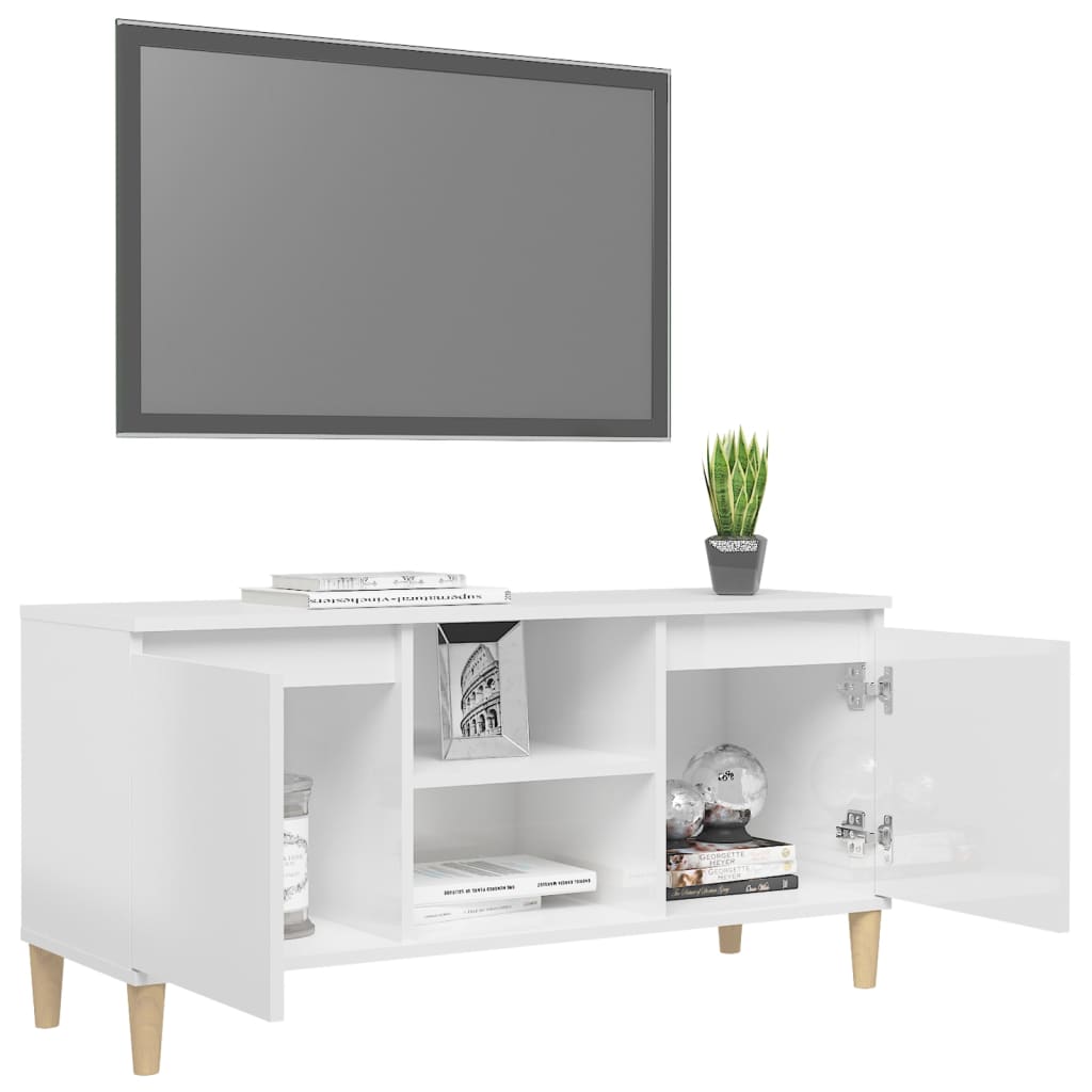 Mobile TV con Gambe Legno Massello Bianco Lucido 103,5x35x50 cm - homemem39