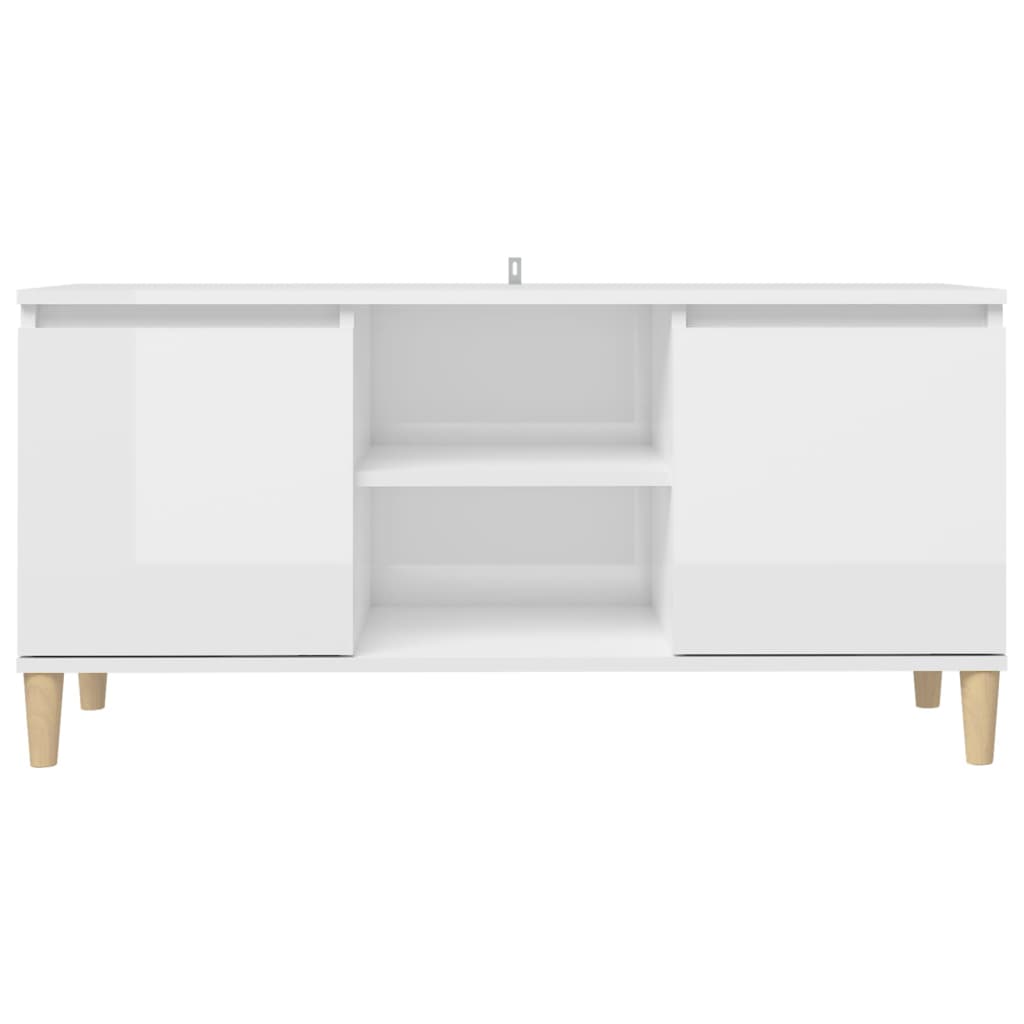 Mobile TV con Gambe Legno Massello Bianco Lucido 103,5x35x50 cm - homemem39