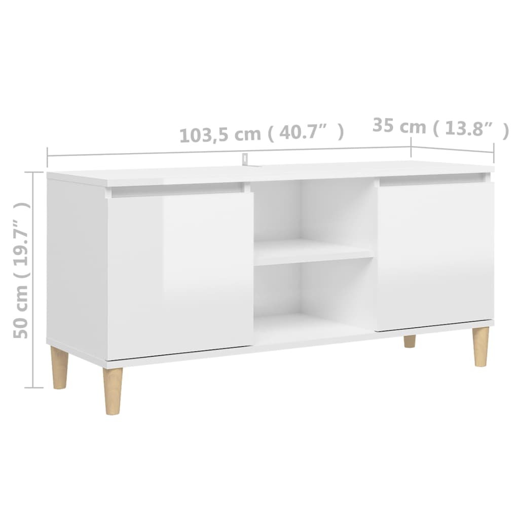 Mobile TV con Gambe Legno Massello Bianco Lucido 103,5x35x50 cm - homemem39