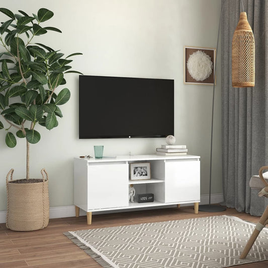 Mobile TV con Gambe Legno Massello Bianco Lucido 103,5x35x50 cm - homemem39