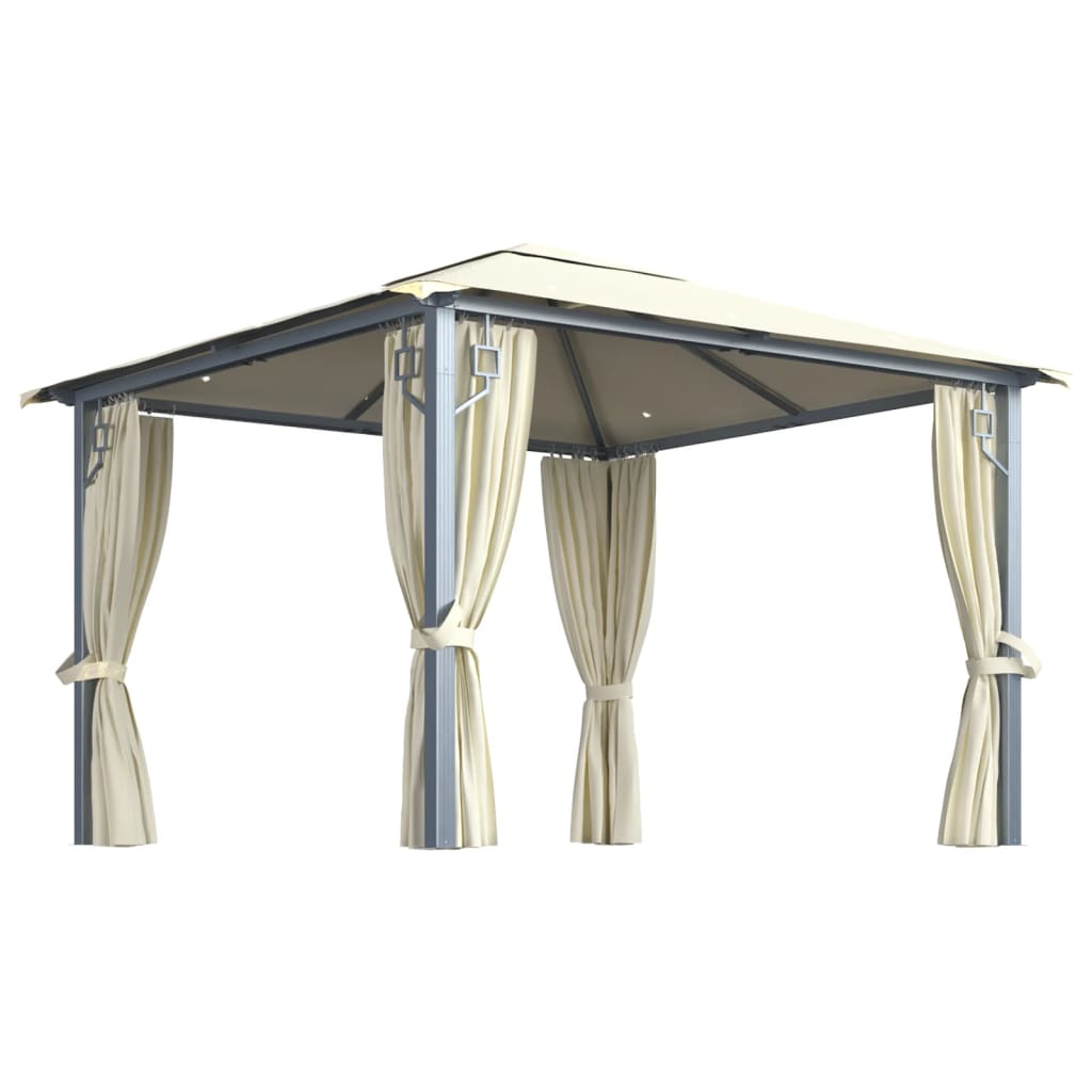 Gazebo con Tende Stringa di Luci LED 300x300 cm Crema Alluminio - homemem39