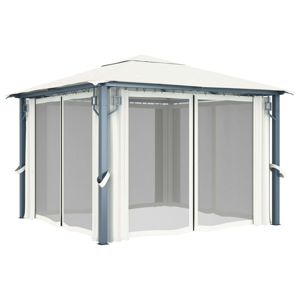 Gazebo con Tende Stringa di Luci LED 300x300 cm Crema Alluminio - homemem39