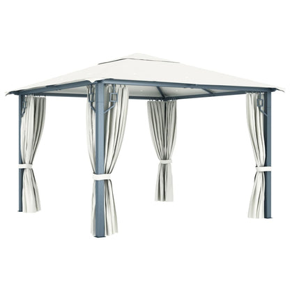 Gazebo con Tende Stringa di Luci LED 300x300 cm Crema Alluminio - homemem39