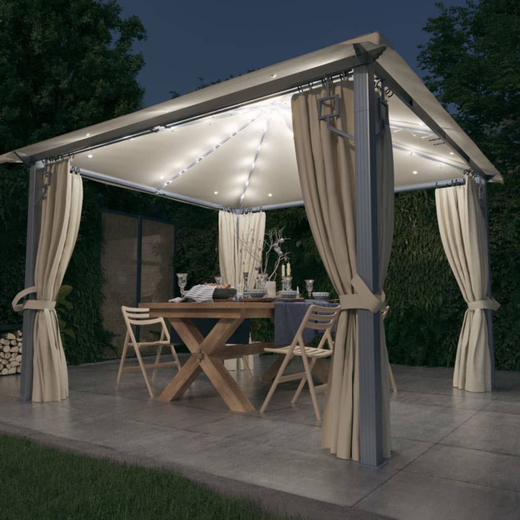 Gazebo con Tende Stringa di Luci LED 300x300 cm Crema Alluminio - homemem39