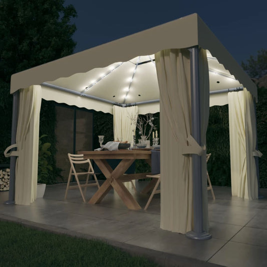 Gazebo con Tende e Stringa di Luci LED 3x3 m Bianco Crema - homemem39