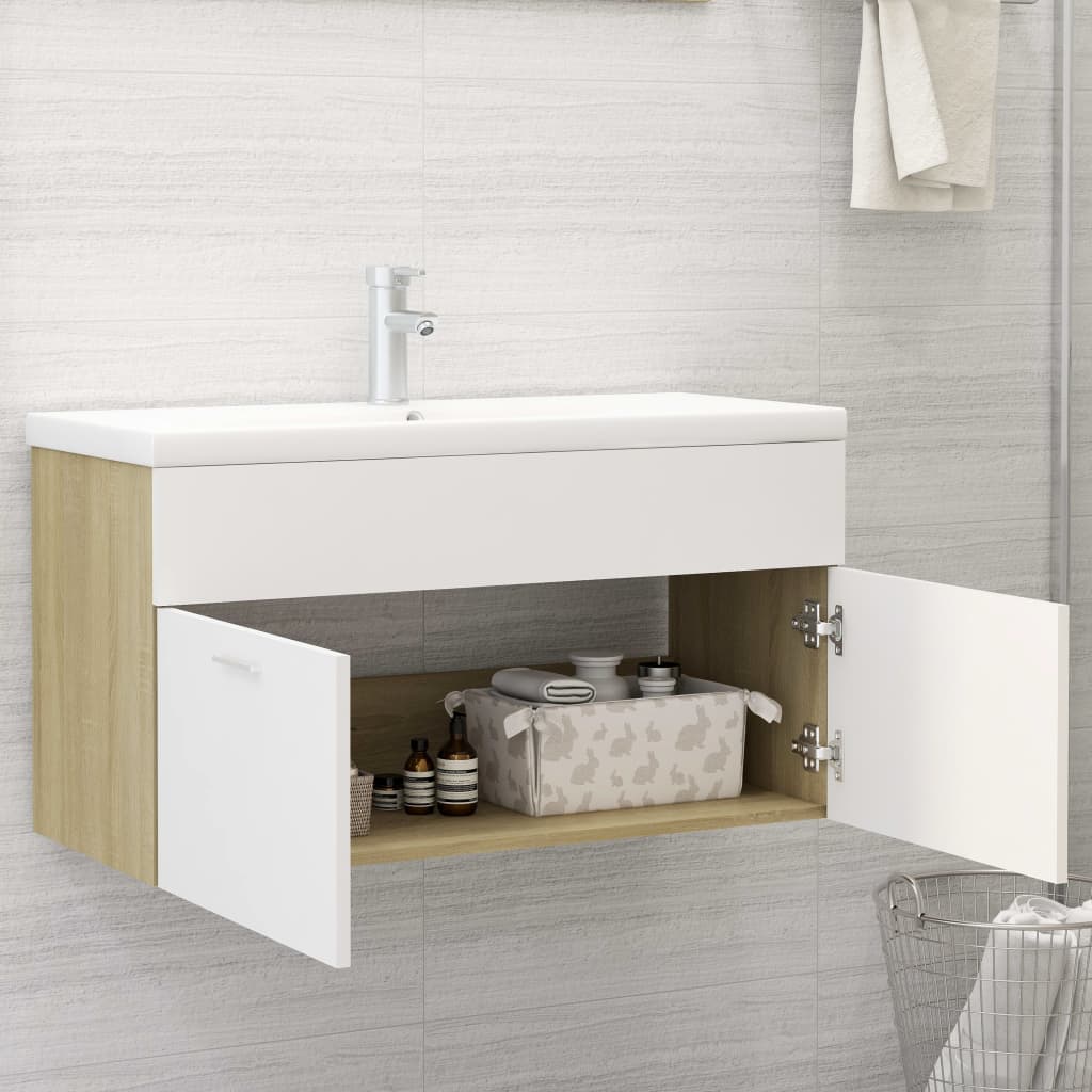 Mobile da Bagno con Lavabo Bianco e Rovere Sonoma in Truciolato - homemem39