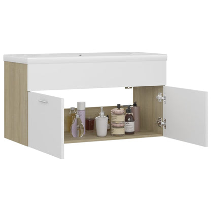 Mobile da Bagno con Lavabo Bianco e Rovere Sonoma in Truciolato - homemem39