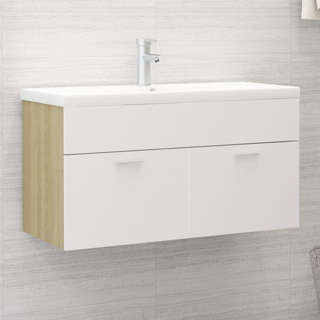 Mobile da Bagno con Lavabo Bianco e Rovere Sonoma in Truciolato - homemem39