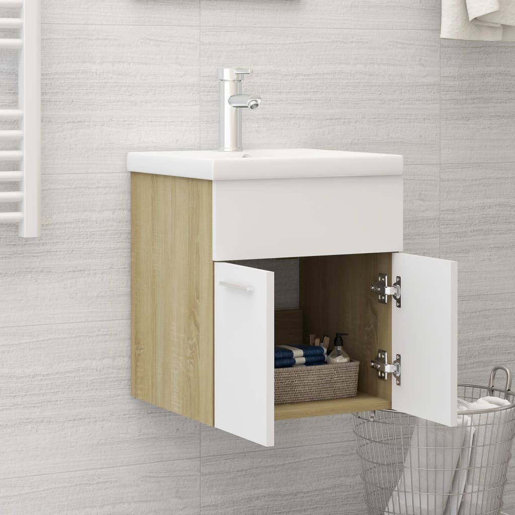 Mobile da Bagno con Lavabo Bianco e Rovere Sonoma in Truciolato - homemem39