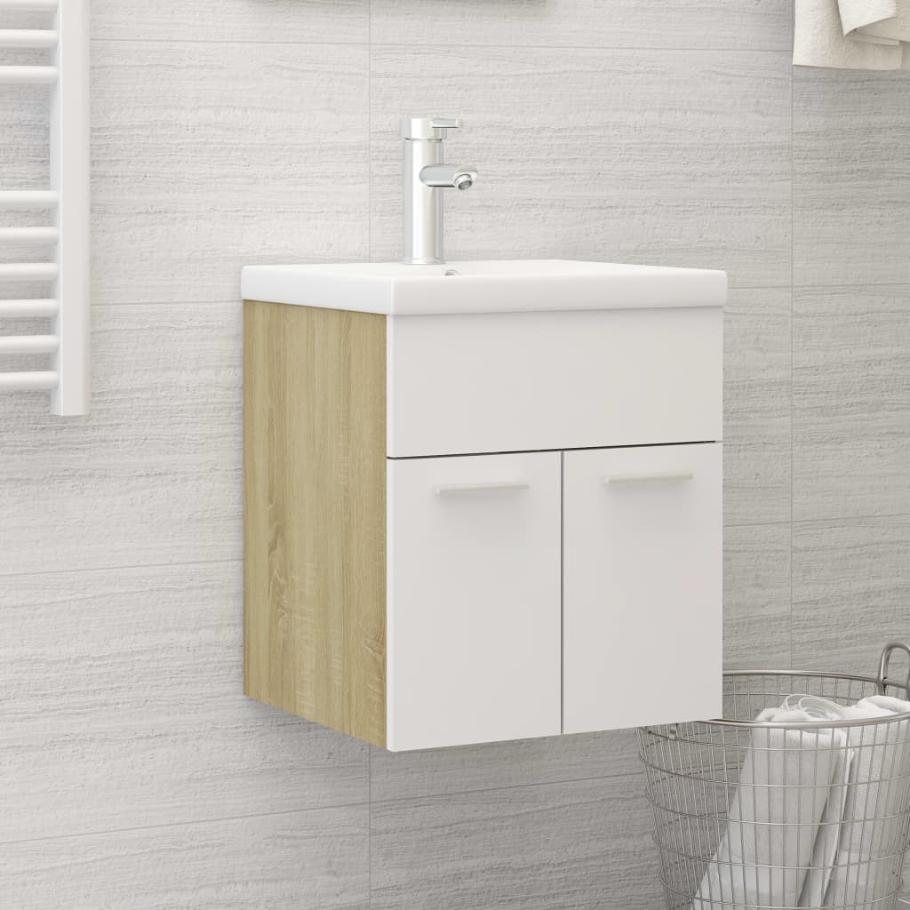 Mobile da Bagno con Lavabo Bianco e Rovere Sonoma in Truciolato - homemem39