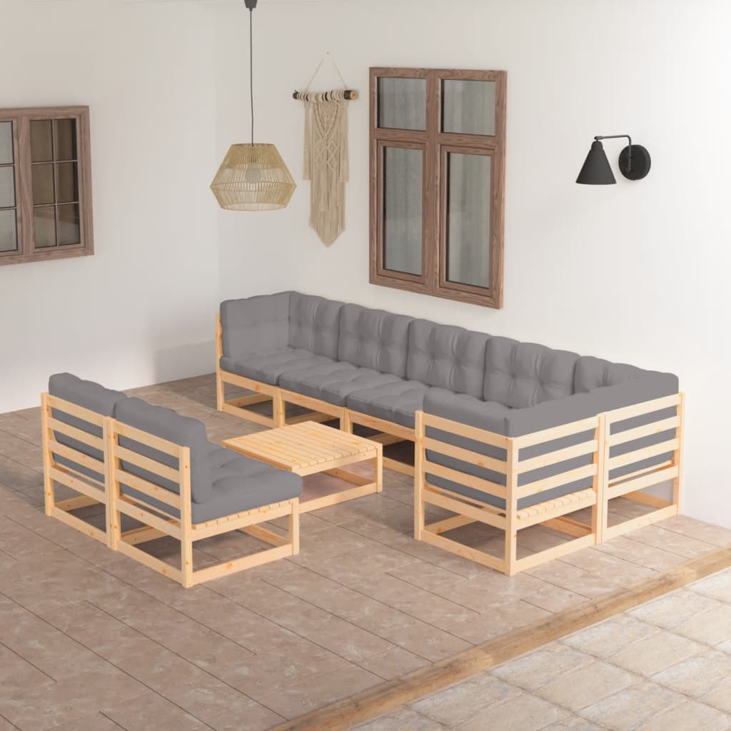 Set Divani da Giardino 9 pz con Cuscini Legno Massello di Pino - homemem39