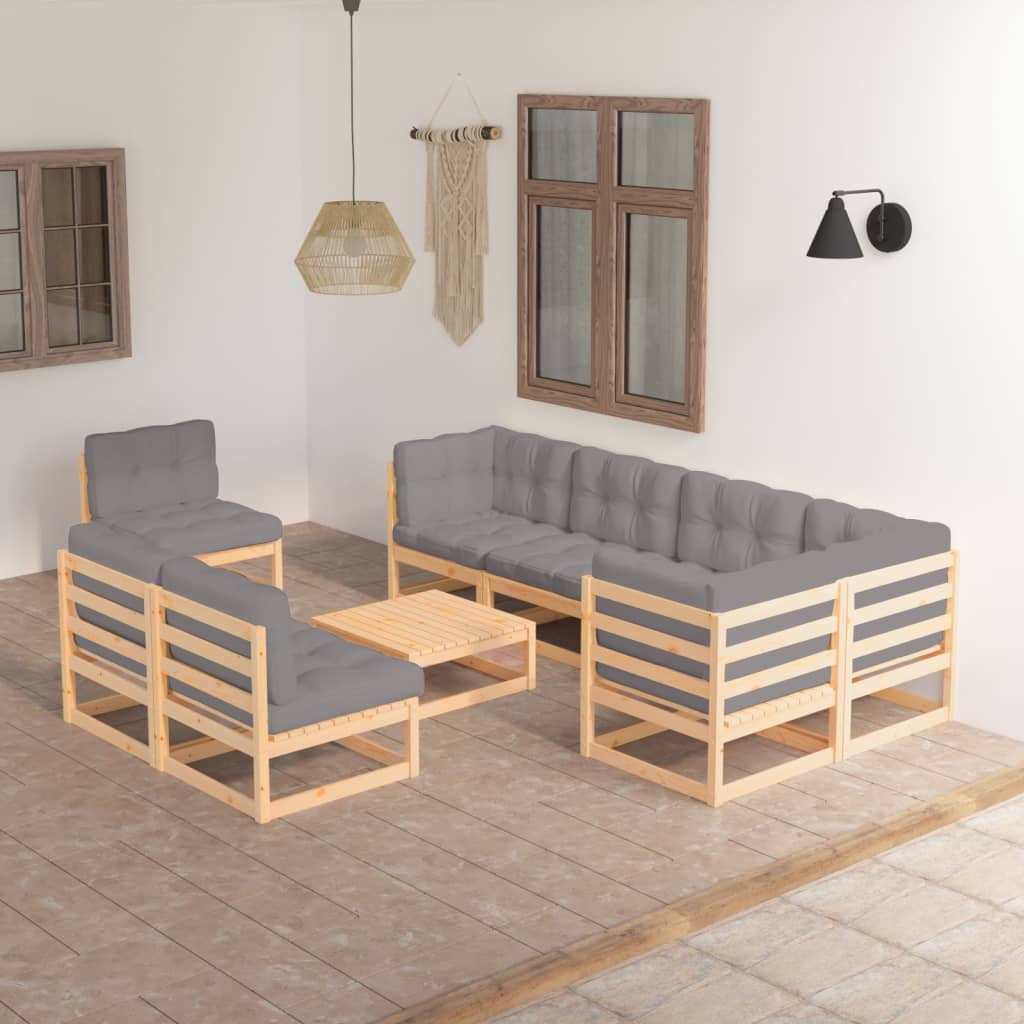 Set Divani da Giardino 9 pz con Cuscini Legno Massello di Pino - homemem39