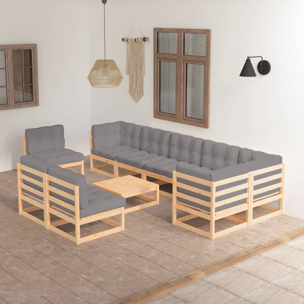 Set Divani da Giardino 10 pz con Cuscini Legno Massello di Pino - homemem39