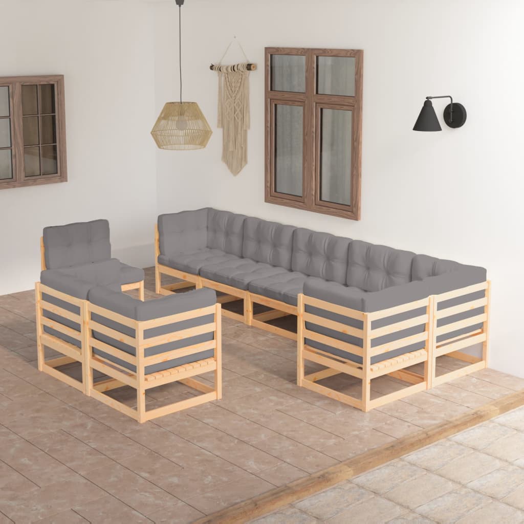 Set Divani da Giardino 9 pz con Cuscini Legno Massello di Pino - homemem39