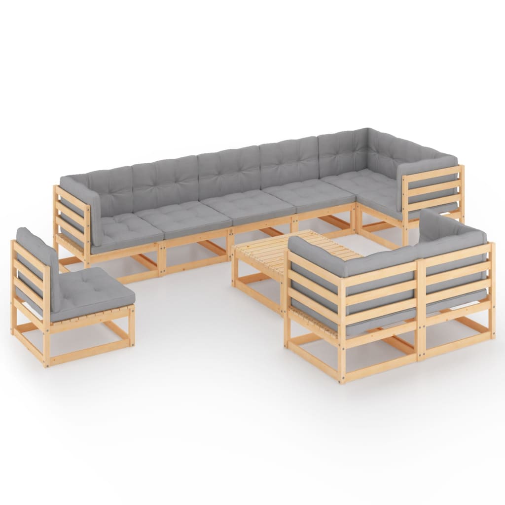 Set Divani da Giardino 10 pz con Cuscini Legno Massello di Pino - homemem39