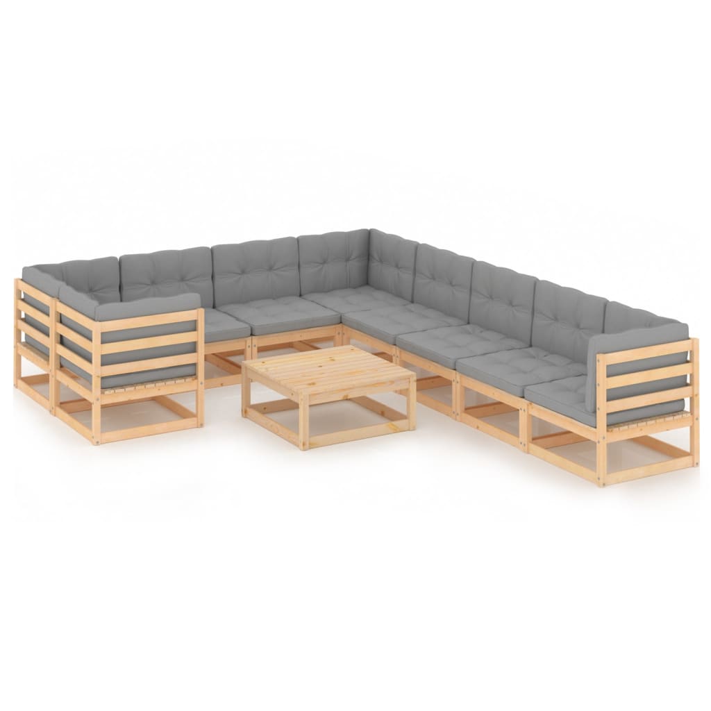 Set Divani da Giardino 10 pz con Cuscini Legno Massello di Pino - homemem39