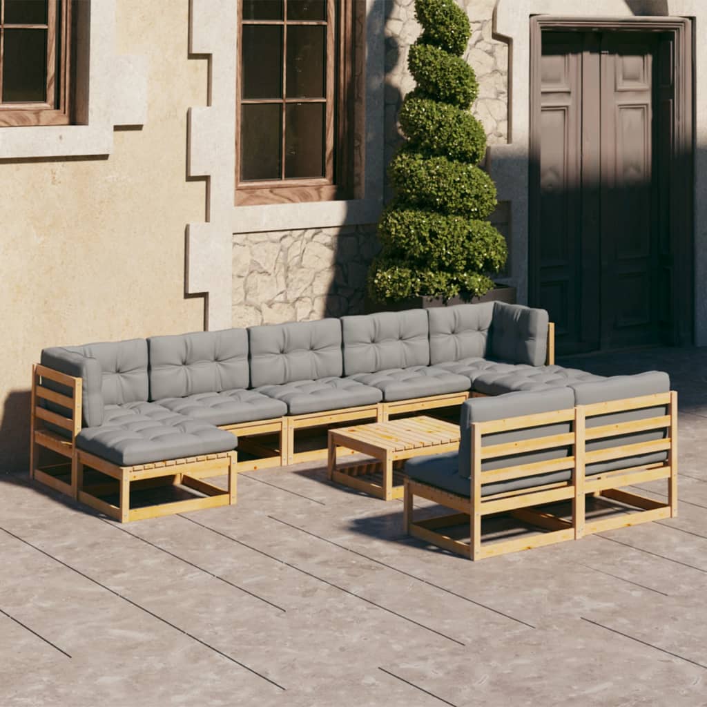 Set Divani da Giardino 10 pz con Cuscini Legno Massello di Pino - homemem39