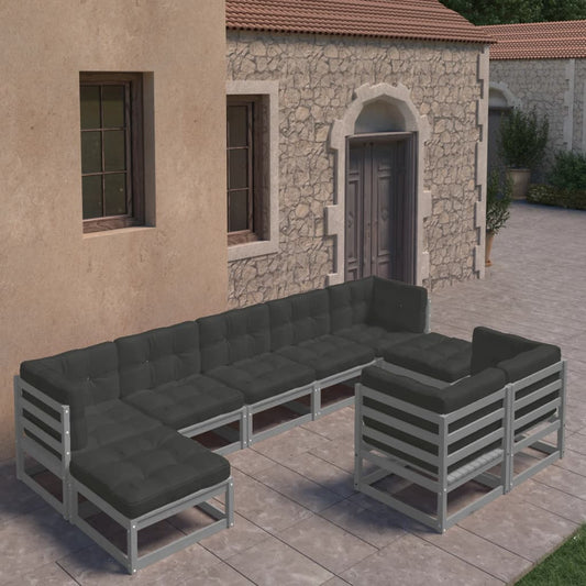 Set Divani da Giardino 9 pz con Cuscini Grigio Massello di Pino - homemem39