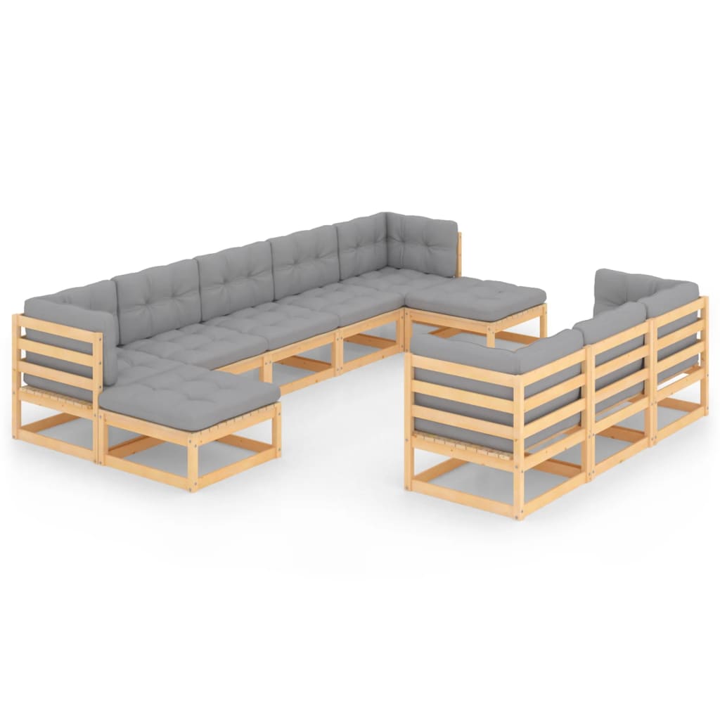 Set Divani da Giardino 10 pz con Cuscini Legno Massello di Pino - homemem39