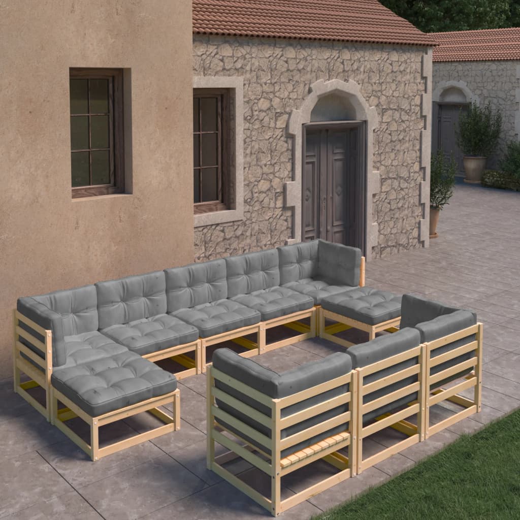 Set Divani da Giardino 10 pz con Cuscini Legno Massello di Pino - homemem39