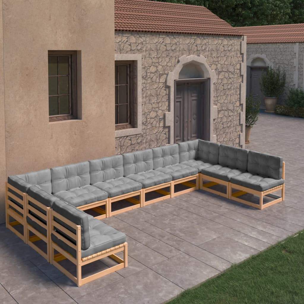 Set Divani da Giardino 10 pz con Cuscini Legno Massello di Pino - homemem39