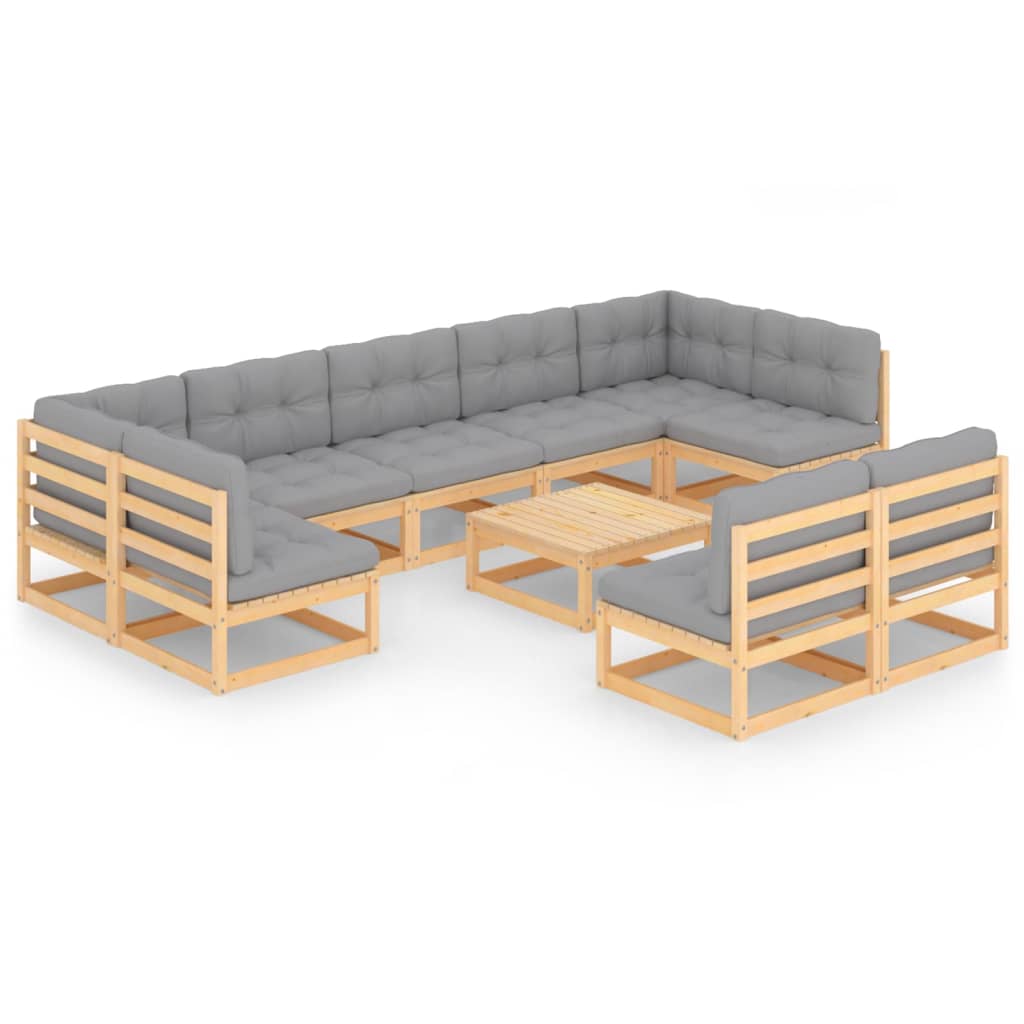 Set Divani da Giardino 10 pz con Cuscini Legno Massello di Pino - homemem39