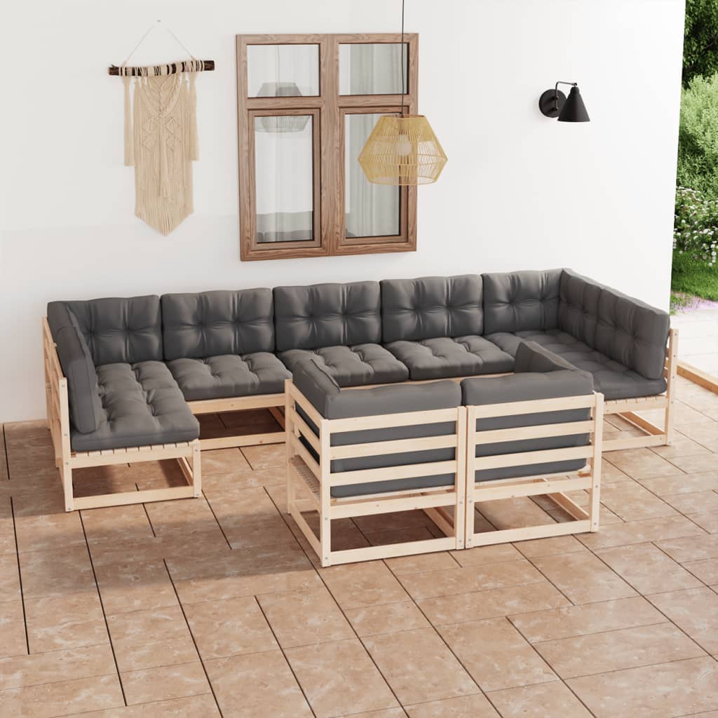 Set Divani da Giardino 9 pz con Cuscini Legno Massello di Pino - homemem39