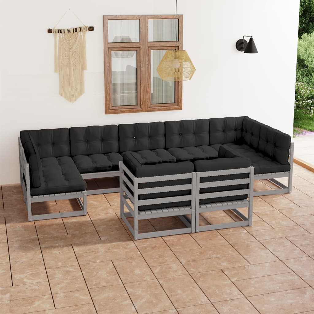 Set Divani da Giardino 9 pz Grigio Cuscini Massello di Pino - homemem39