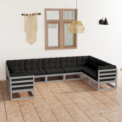 Set Divani da Giardino 9 pz Grigio Cuscini Massello di Pino - homemem39