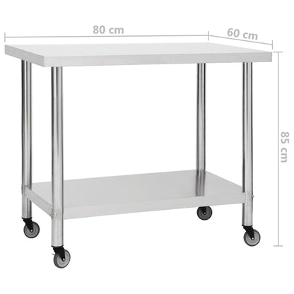 Tavolo da Lavoro Cucina con Ruote 80x60x85 cm in Acciaio Inox - homemem39