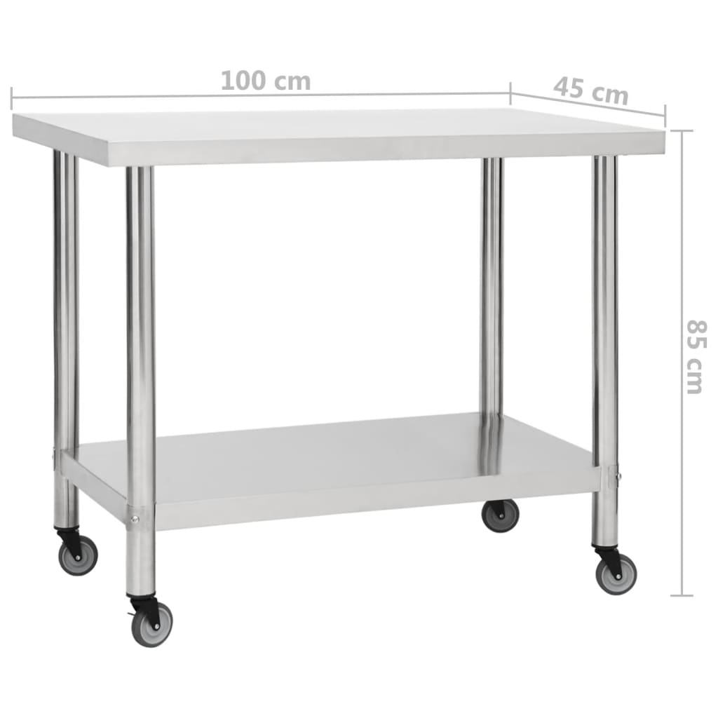 Tavolo da Lavoro Cucina con Ruote 100x45x85 cm in Acciaio Inox - homemem39