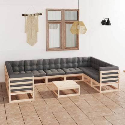 Set Divani da Giardino 10 pz con Cuscini Legno Massello di Pino - homemem39