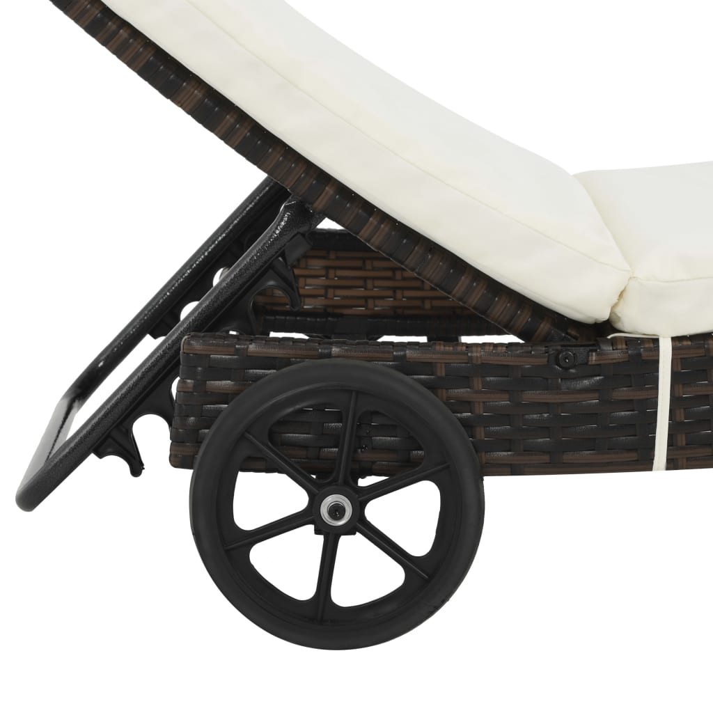 Lettini Prendisole 2 pz con Ruote e Cuscini Polyrattan Marrone - homemem39