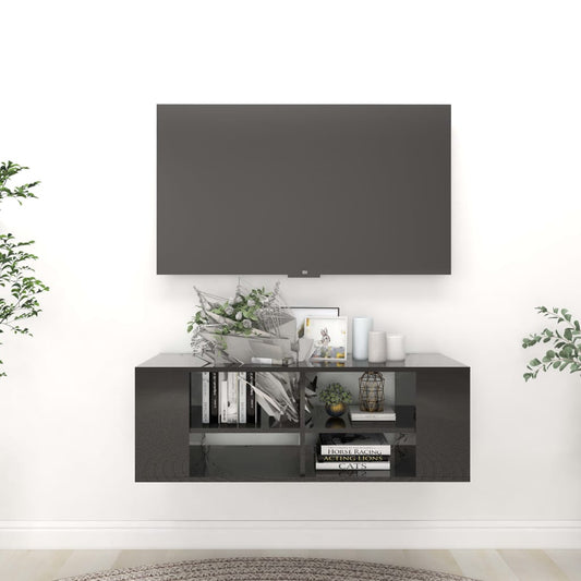 Armadietto TV da Parete Nero Lucido 102x35x35 cm in Truciolato - homemem39