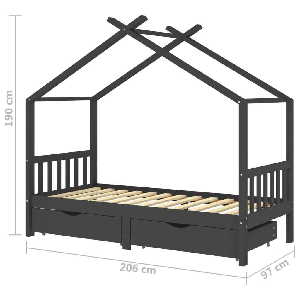 Giroletto Bambini Cassetti Grigio Scuro Pino Massello 90x200 cm - homemem39