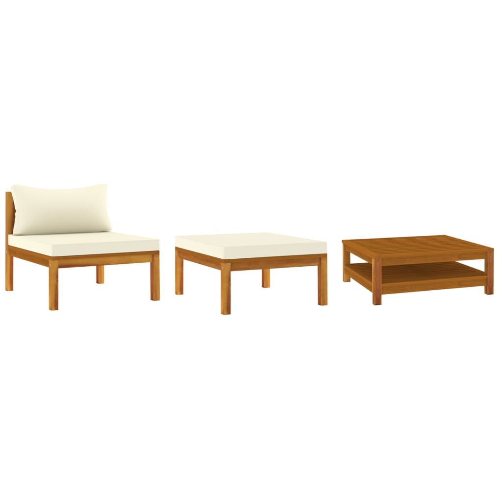 Set Divani Giardino 3 pz Cuscini Bianco Crema in Legno d'Acacia - homemem39