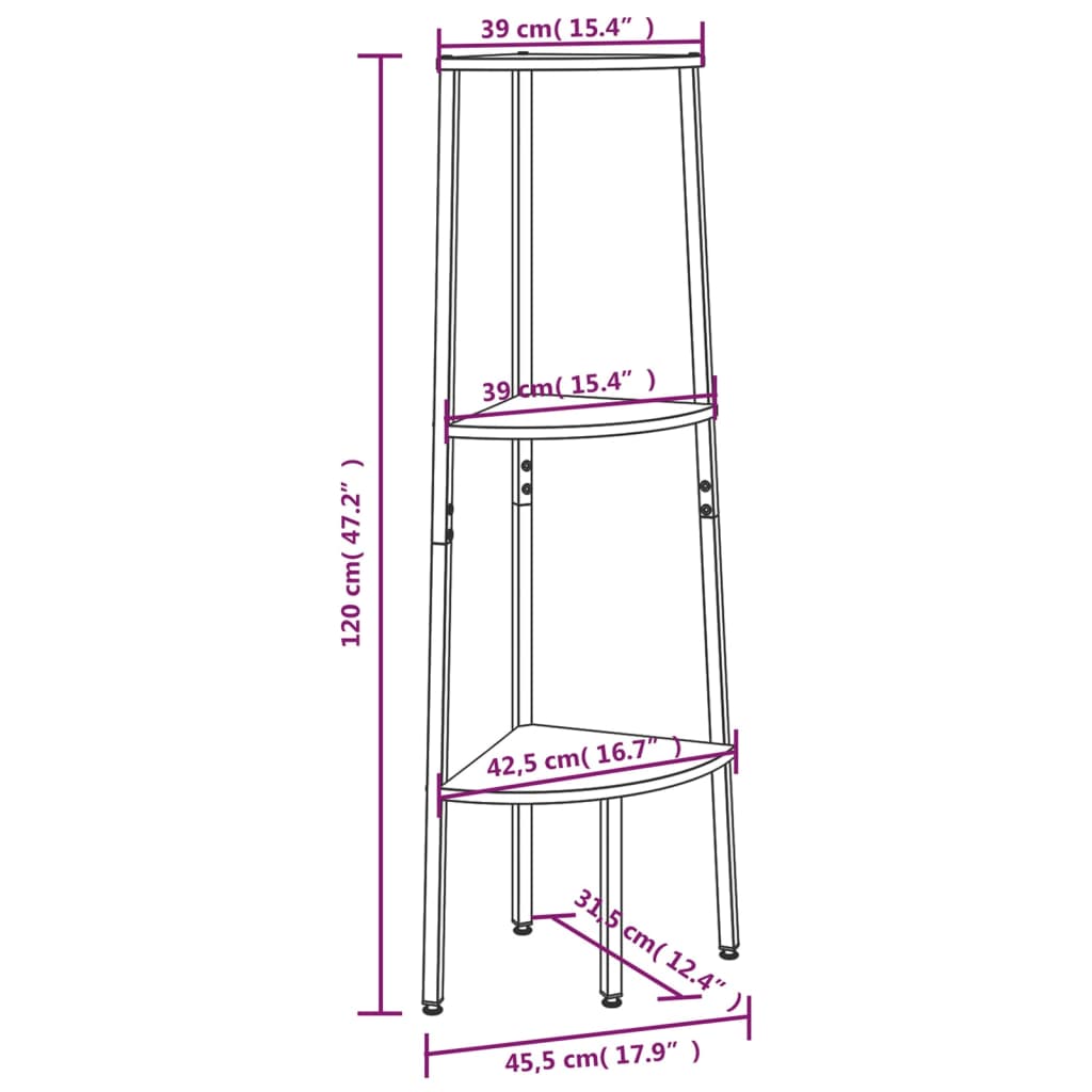 Scaffale Angolare 3 Livelli Marrone Scuro Nero 45,5x31,5x120cm - homemem39