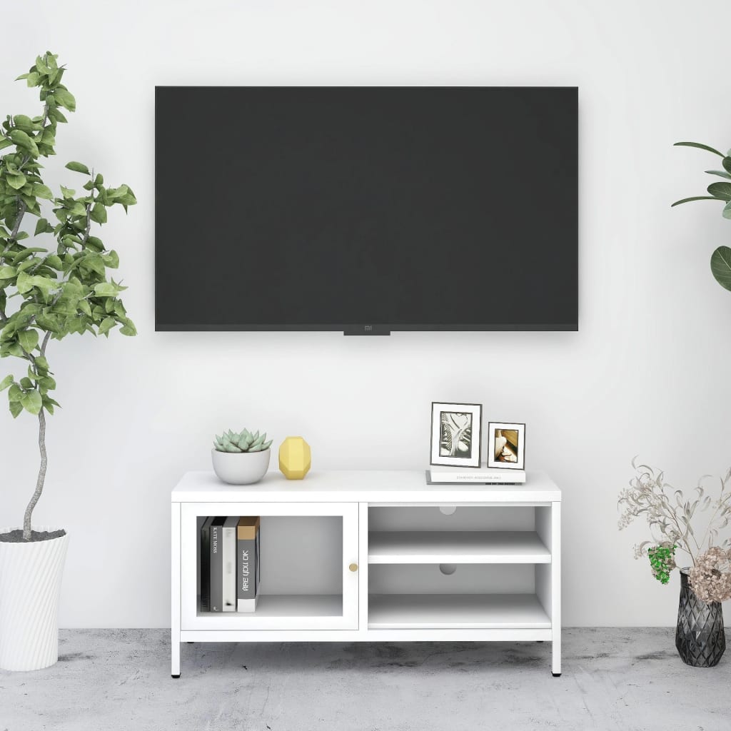 Mobile TV Bianco 90x30x44 cm in Acciaio e Vetro - homemem39