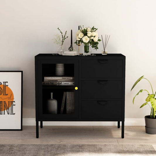 Credenza Nera 75x35x70 cm in Acciaio e Vetro Temperato - homemem39