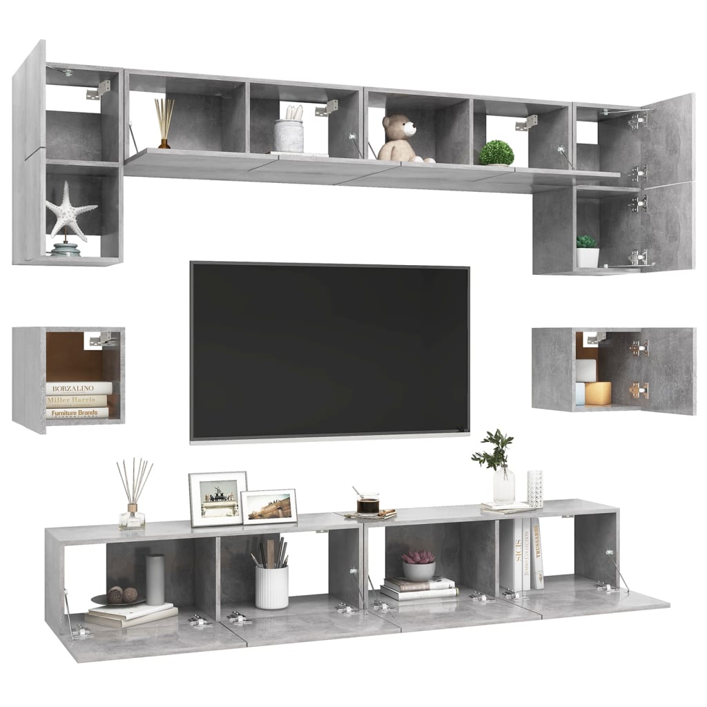 Set Porta TV 8 pz Grigio Cemento in Truciolato - homemem39