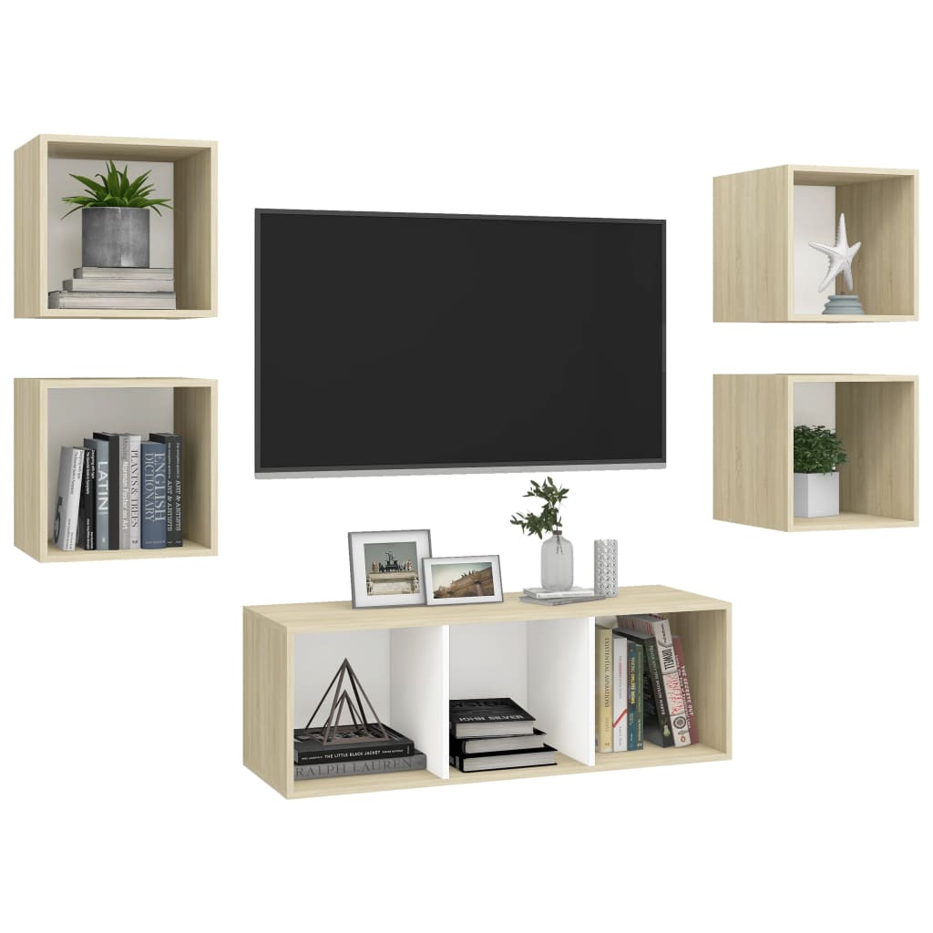 Set Porta TV 5 pz Bianco e Rovere Sonoma in Truciolato - homemem39