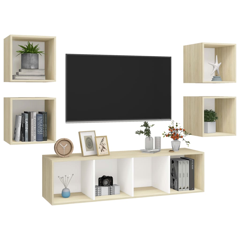 Set Porta TV 5 pz Bianco e Rovere Sonoma in Truciolato - homemem39