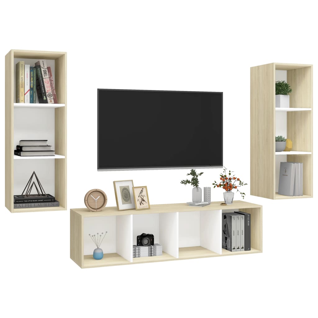 Set Porta TV 3 pz Bianco e Rovere Sonoma in Truciolato - homemem39